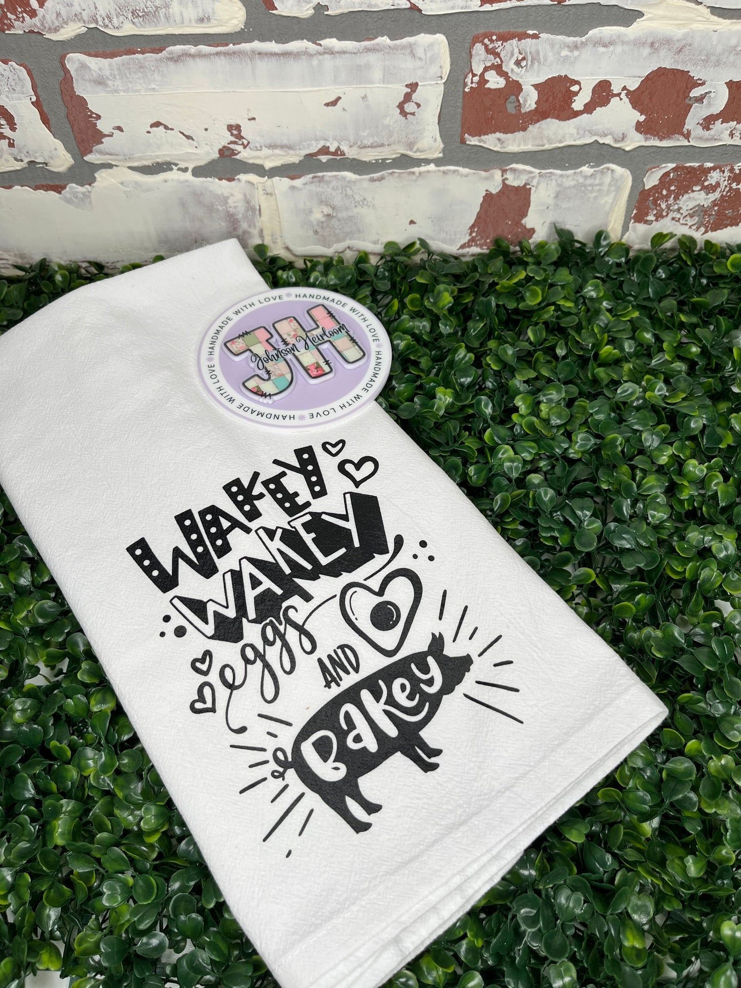 Wakey Wakey Eggs and Bakey tea towel Johnson Heirloom