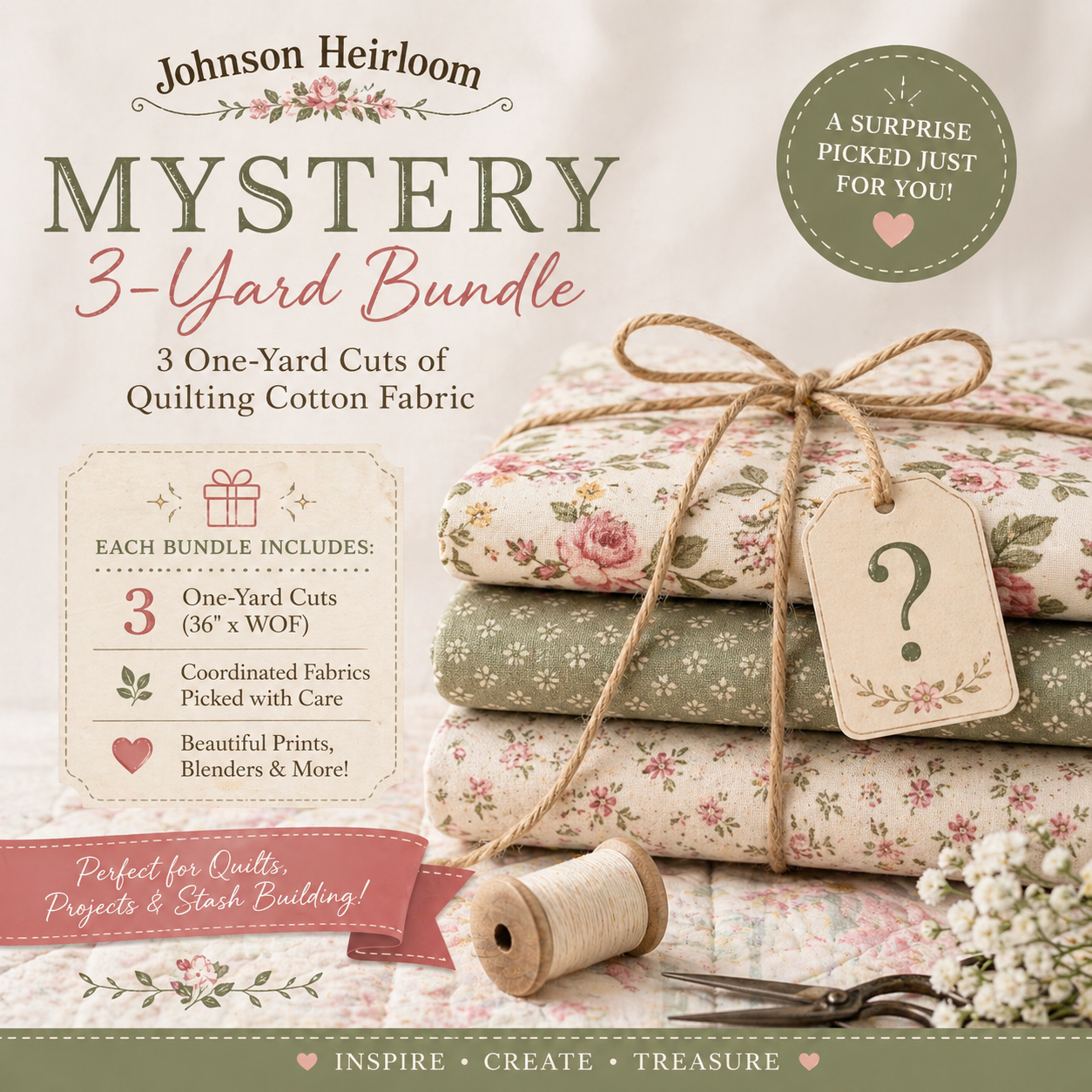 Mystery 3-Yard Fabric Bundle | 3 One-Yard Cuts of Quilting Cotton | Surprise Fabric Bundle | Johnson Heirloom