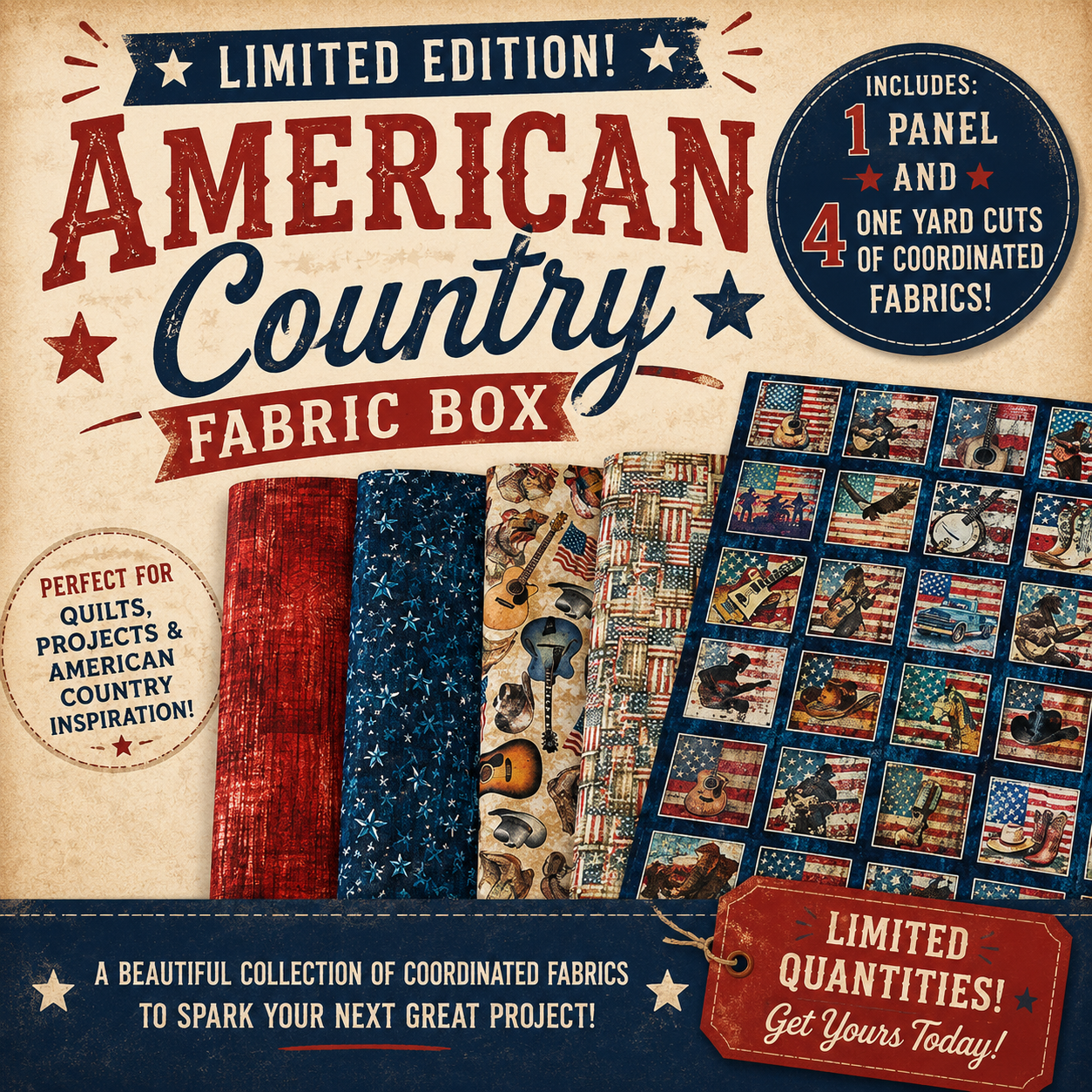 🇺🇸 Limited Edition American Country Fabric Box 🇺🇸
Patriotic Fabric Bundle | Coordinated Quilt Fabrics | Johnson Heirloom Exclusive