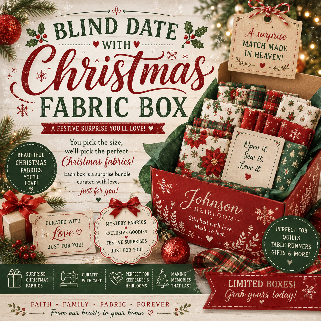 Blind Date with Christmas Fabric Box | Mystery Quilting Fabric Bundle | Curated Surprise Fabric Box | Johnson Heirloom