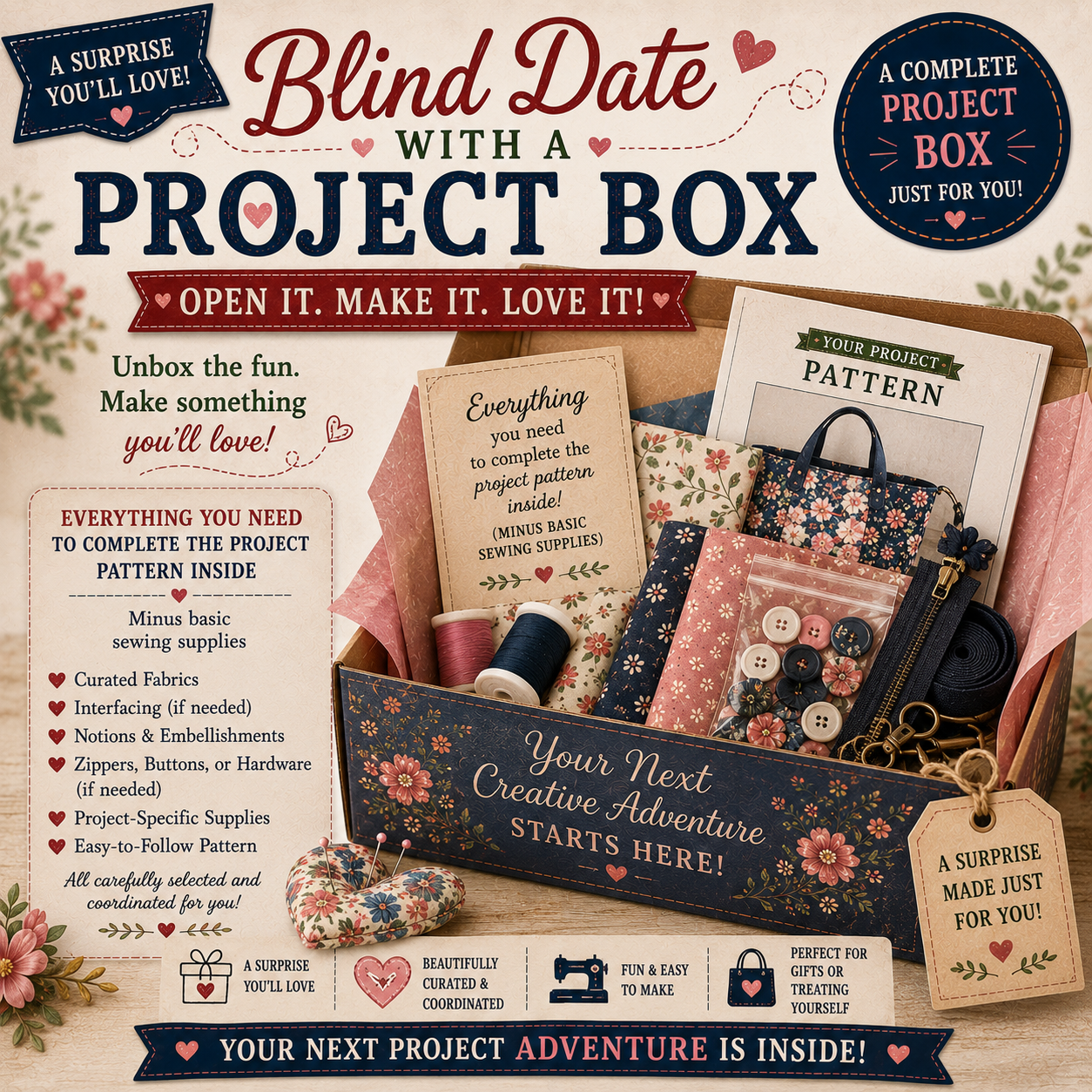 Blind Date with a Project Box | Complete Sewing Project Kit | Mystery Sewing Box | DIY Craft Kit | Quilting Project Kit