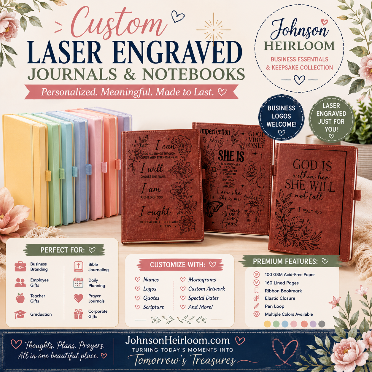 Custom Laser Engraved Journal | Personalized Leatherette Notebook with Name, Logo or Quote