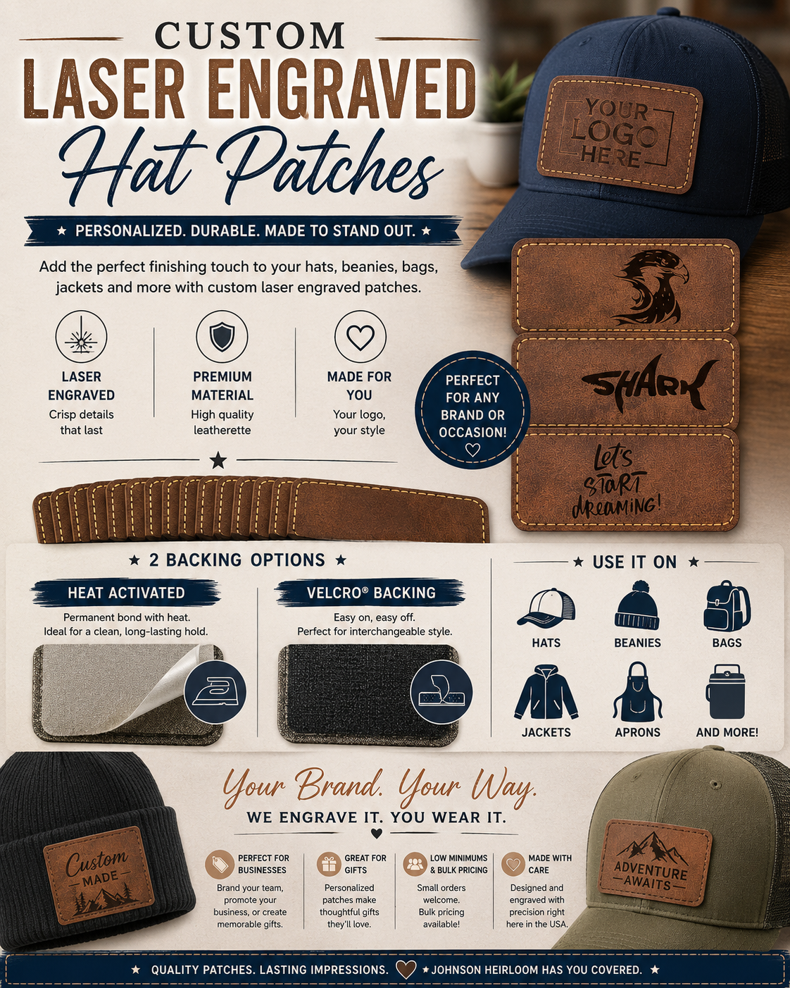Custom Laser Engraved Hat Patch | Personalized Leatherette Patch | Heat Activated or Hook & Loop Backing