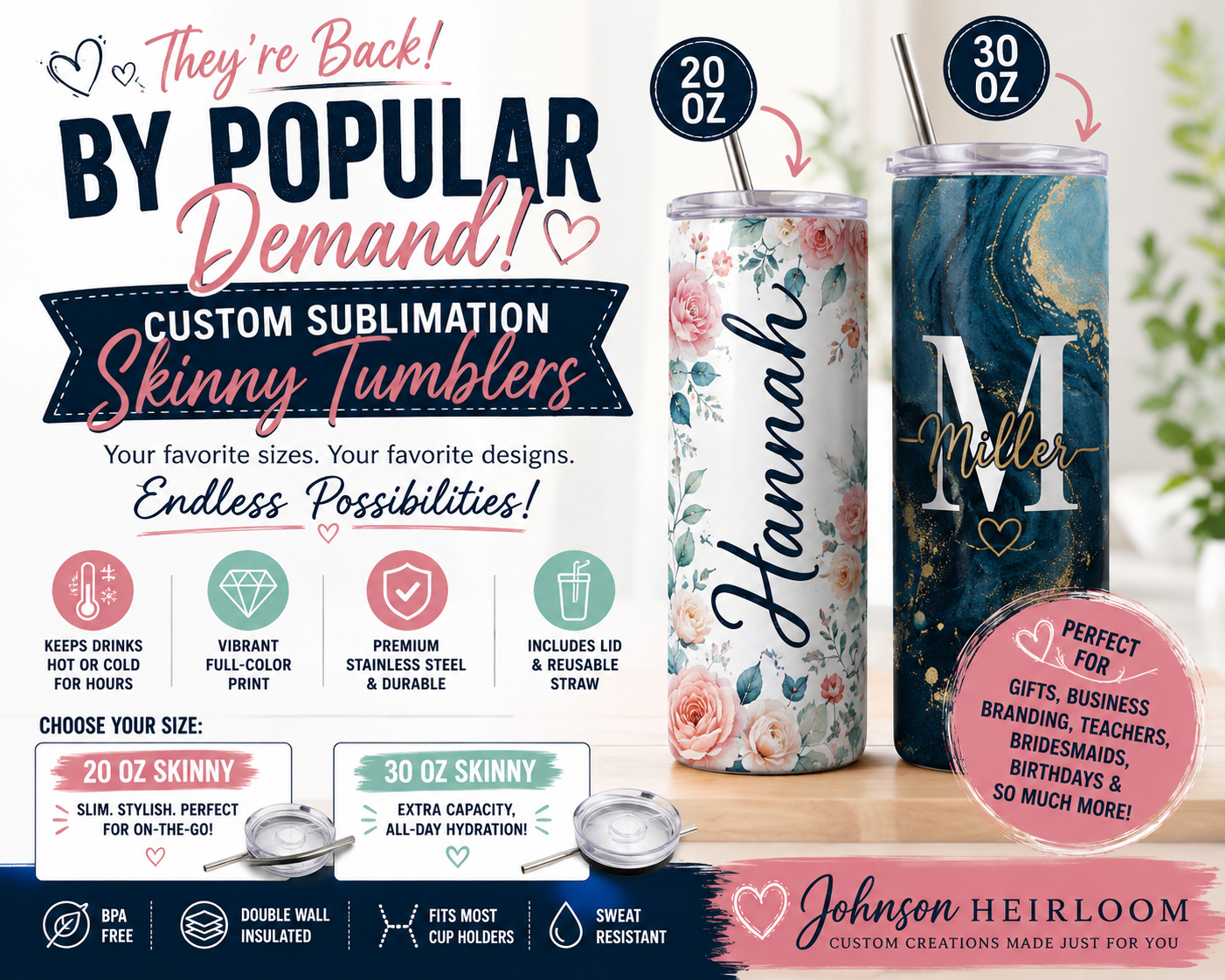 Custom Sublimation Skinny Tumbler | Personalized 20 oz & 30 oz Stainless Steel Tumbler