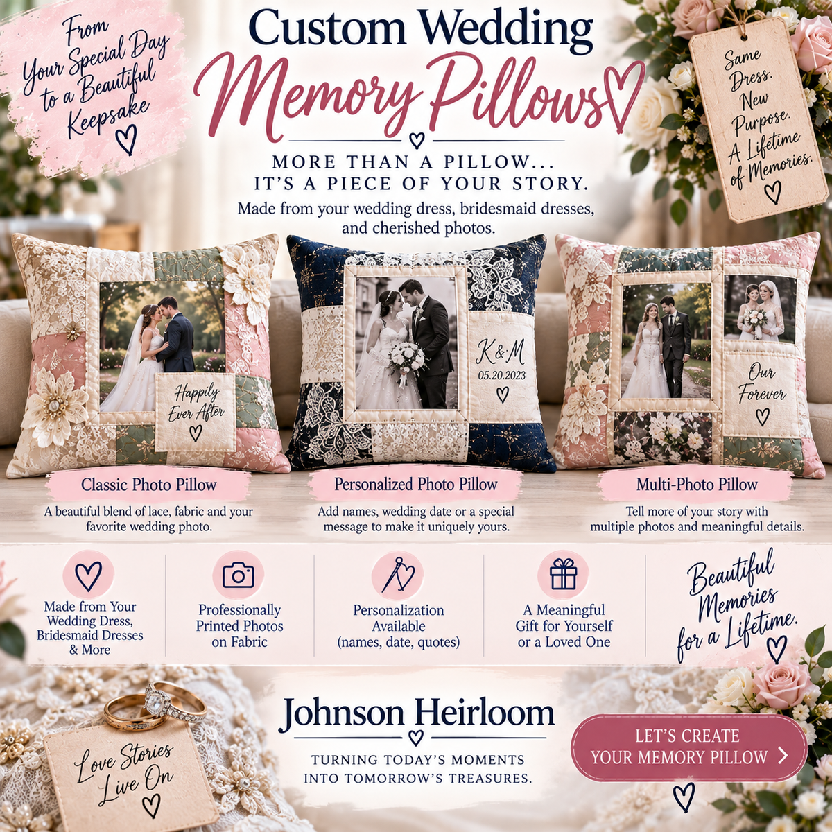 Custom Wedding Memory Pillow with Photos