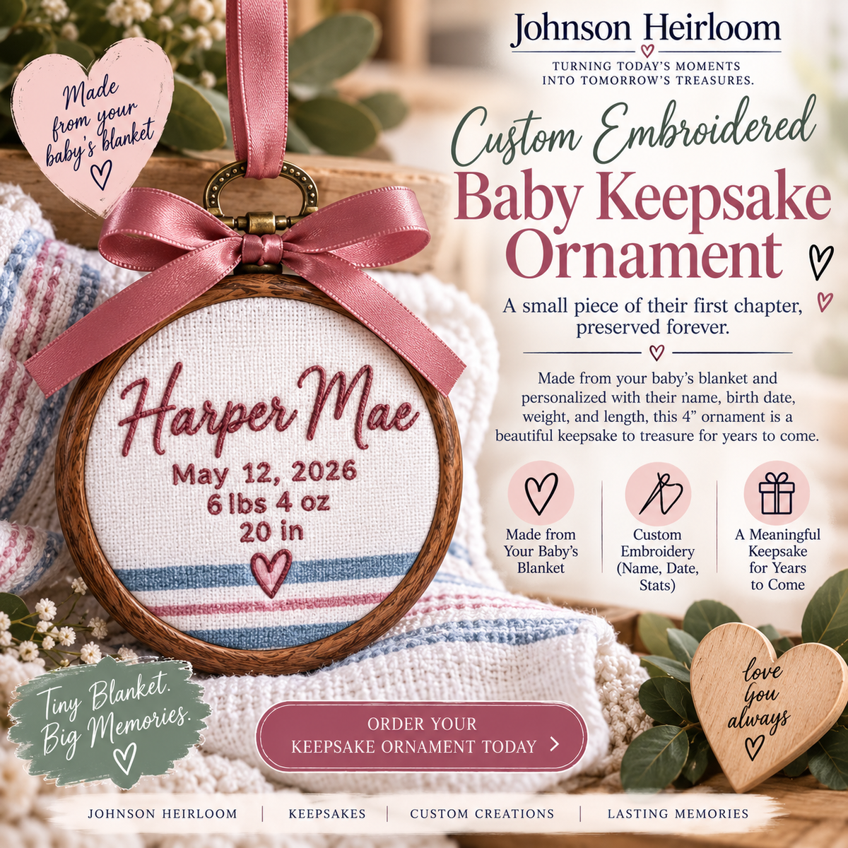 Custom Embroidered Baby Blanket Keepsake Ornament