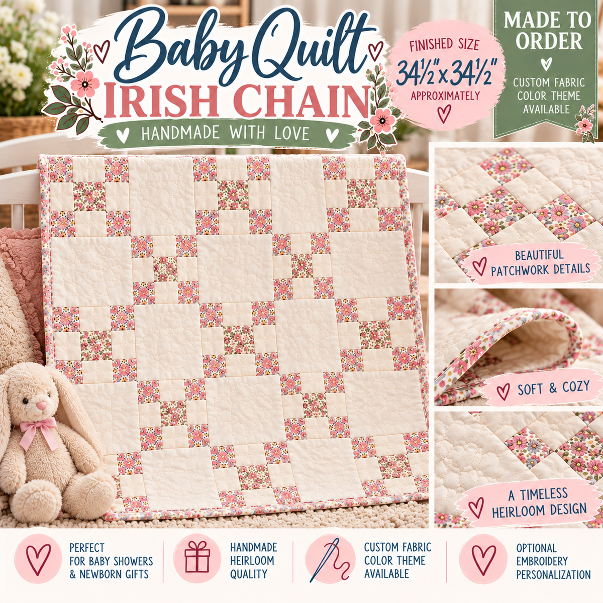 Handmade Irish Chain Baby Quilt | Heirloom Baby Blanket | Johnson Heirloom