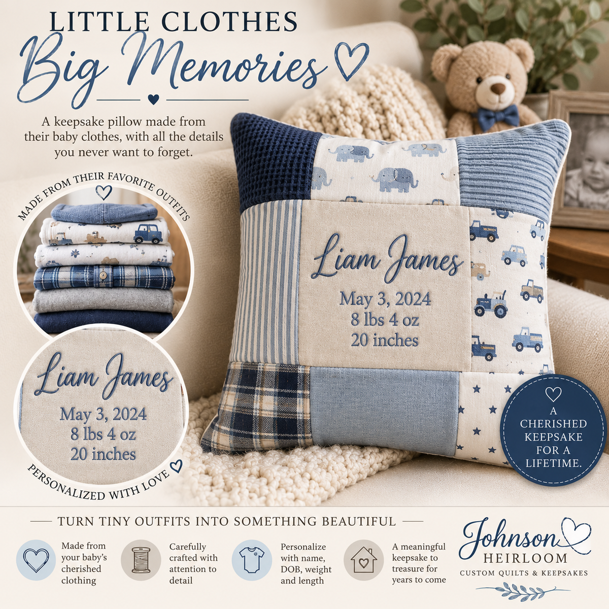 Personalized Baby Clothes Keepsake Pillow | Custom Patchwork Memory Pillow with Embroidered Birth Details