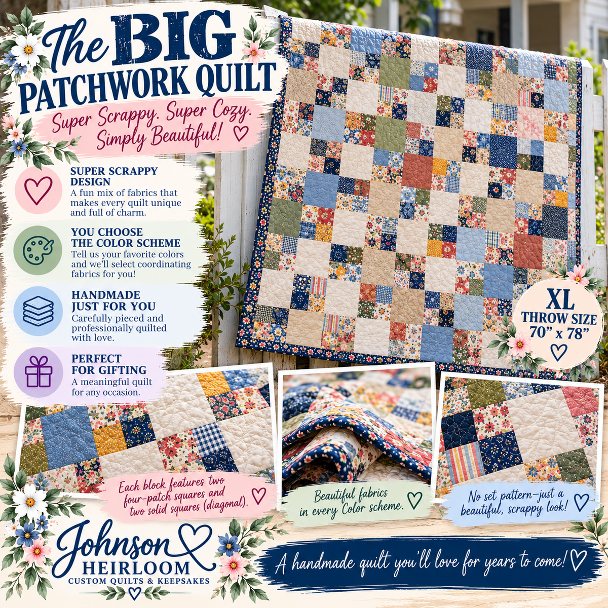 Custom Big Patchwork Quilt | Handmade Scrappy XL Throw 70" × 78"