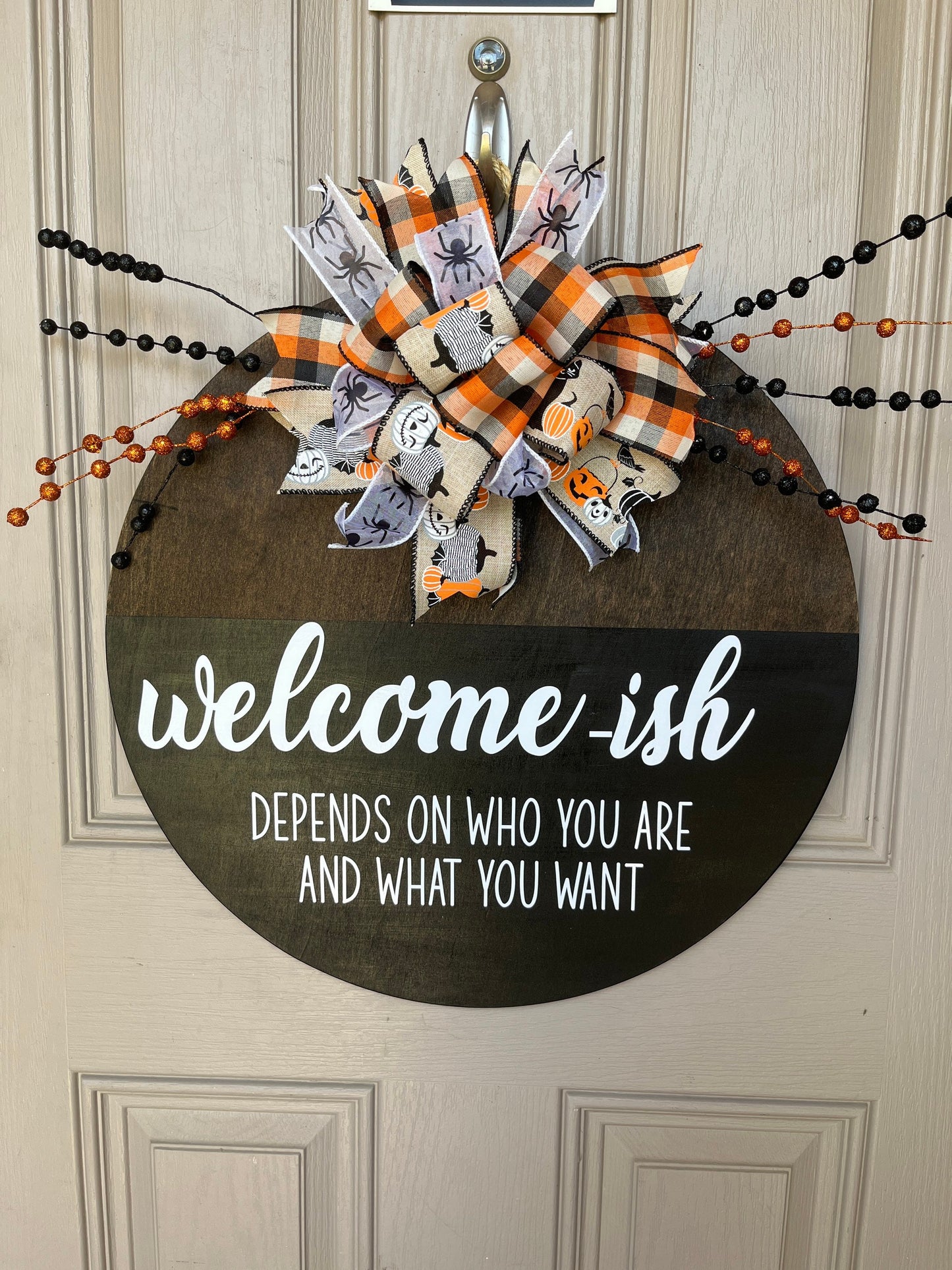 Welcome-ish Wooden Round Door Sign w/ Magnetic Interchangeable Bow