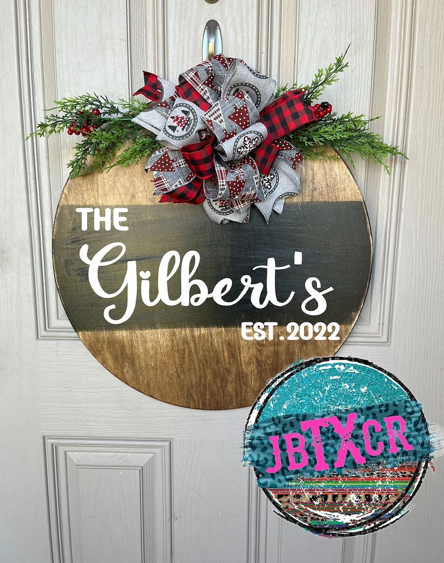 Custom Last name Wooden Round Door Sign w/ Magnetic Interchangeable Bow