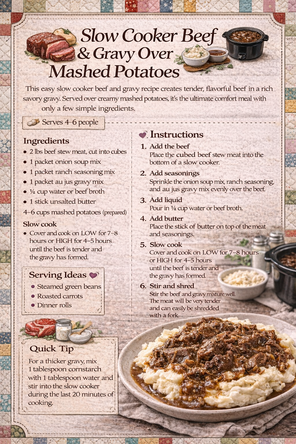 Slow Cooker Beef & Gravy Over Mashed Potatoes 🥩🥔