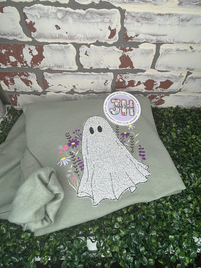 Ghost with wildflowers embroidered Crewneck Johnson Heirloom