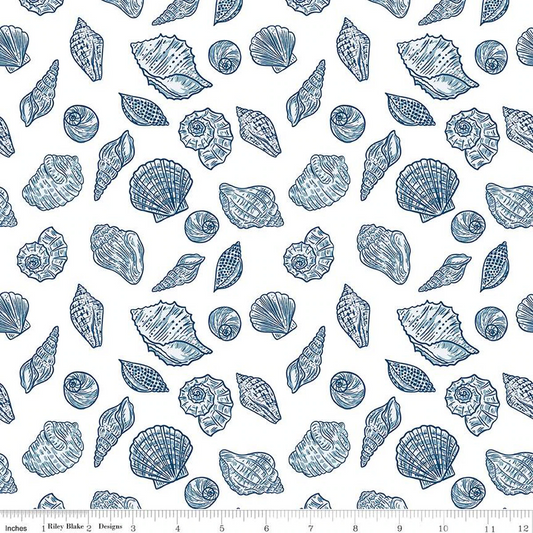 Wide Back Ocean Oasis Seashells White Fabric (1 YARD increments)PRE-ORDER SHIPS 9/19