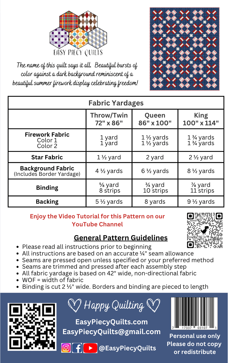 4th of July Night Sky Quilt Pattern - Paper Print Mailed Version