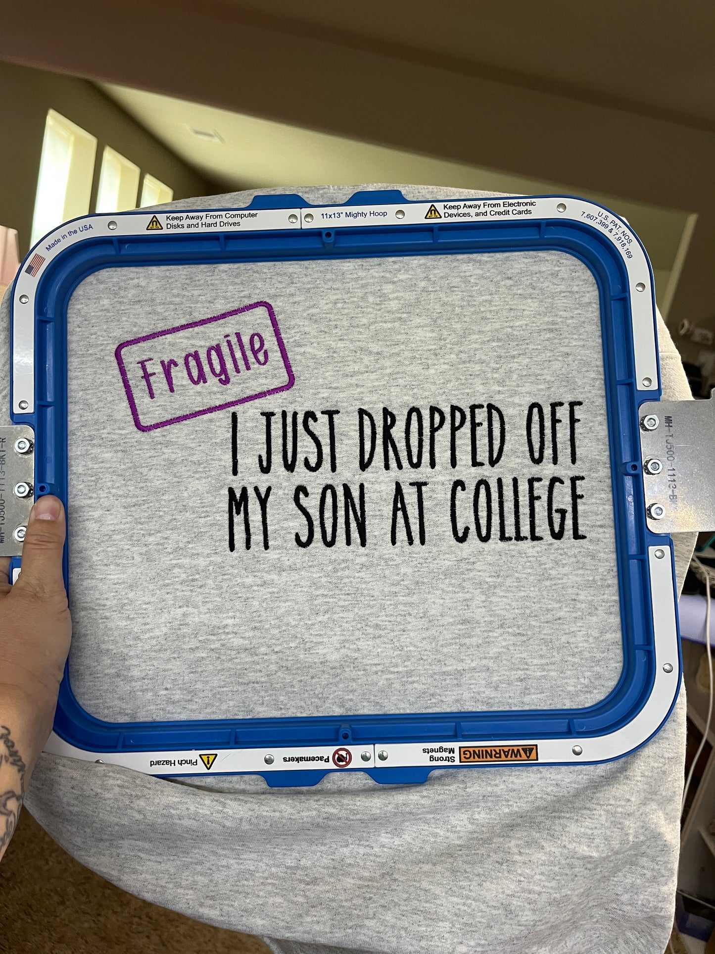 Fragile- I just dropped off my Son/Daughter off at College/Kindergarten embroidered T-Shirt/Crewneck Johnson Heirloom