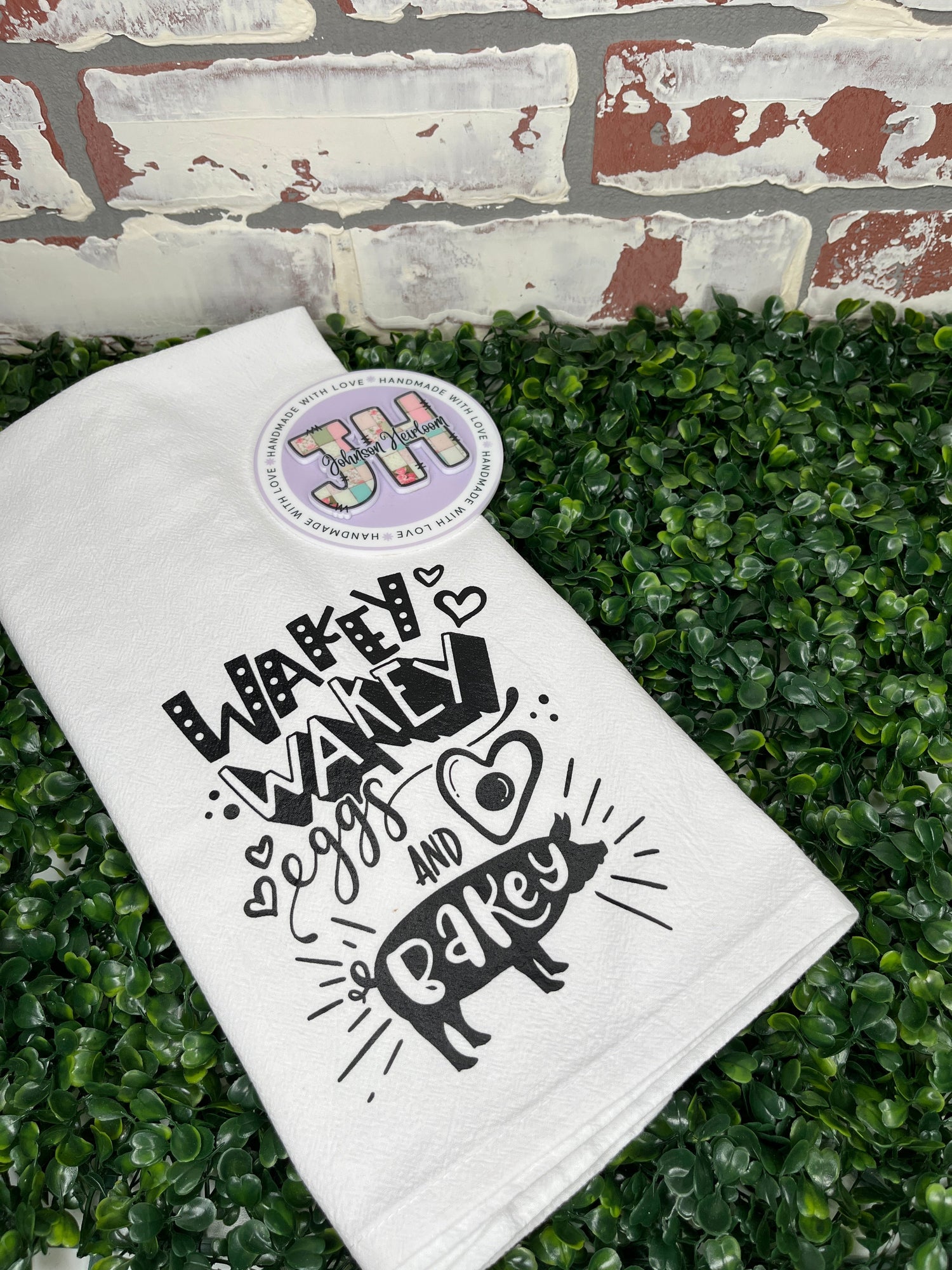 Wakey Wakey Eggs and Bakey tea towel Johnson Heirloom