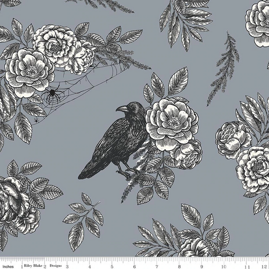 WIDE BACK SOPHISTICATED HALLOWEEN FLORAL RAVEN FOG 3-YARD PACKAGE