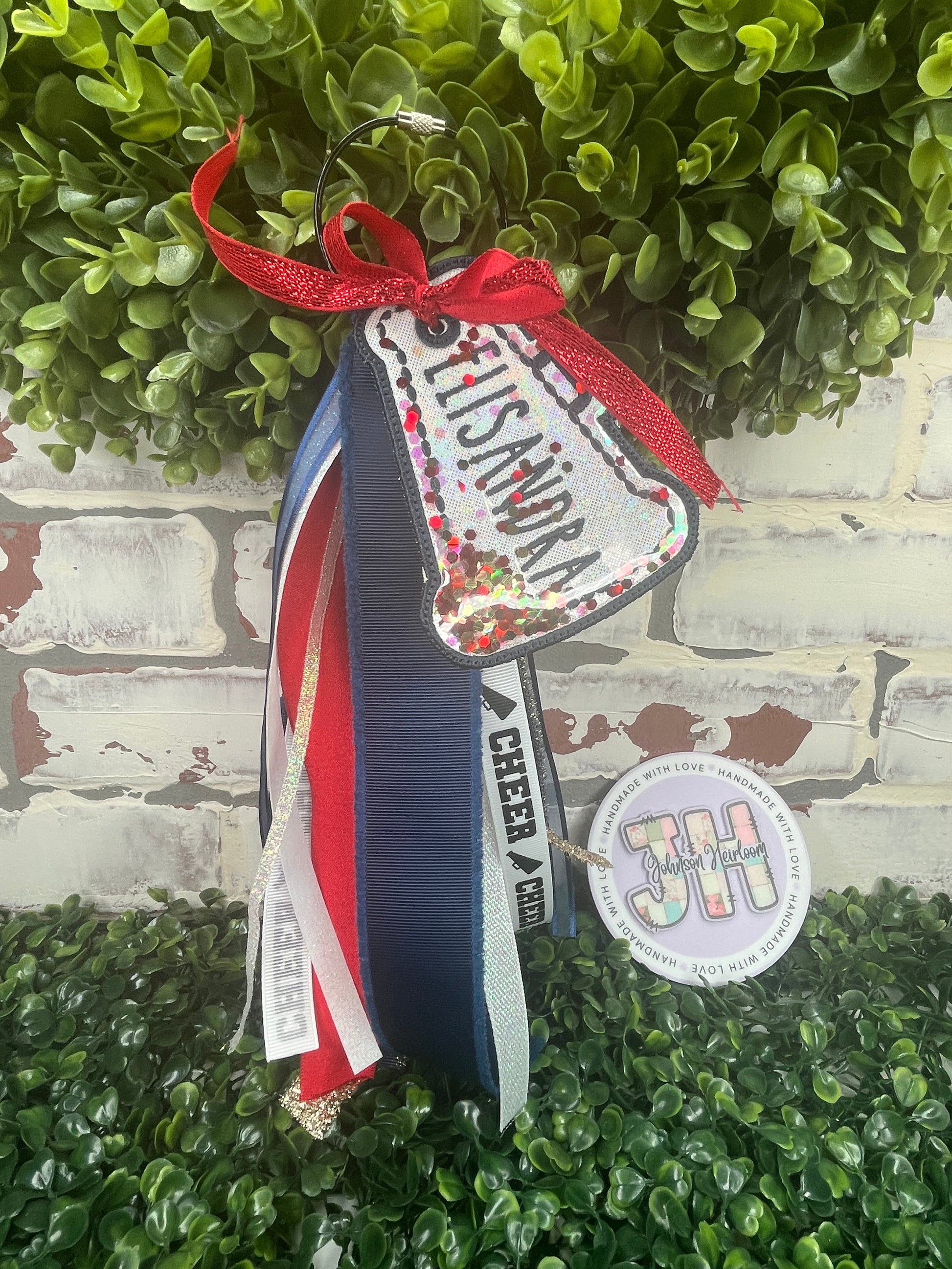 Personalized Megaphone with ribbon Embroidered Bag Tag Johnson Heirloom