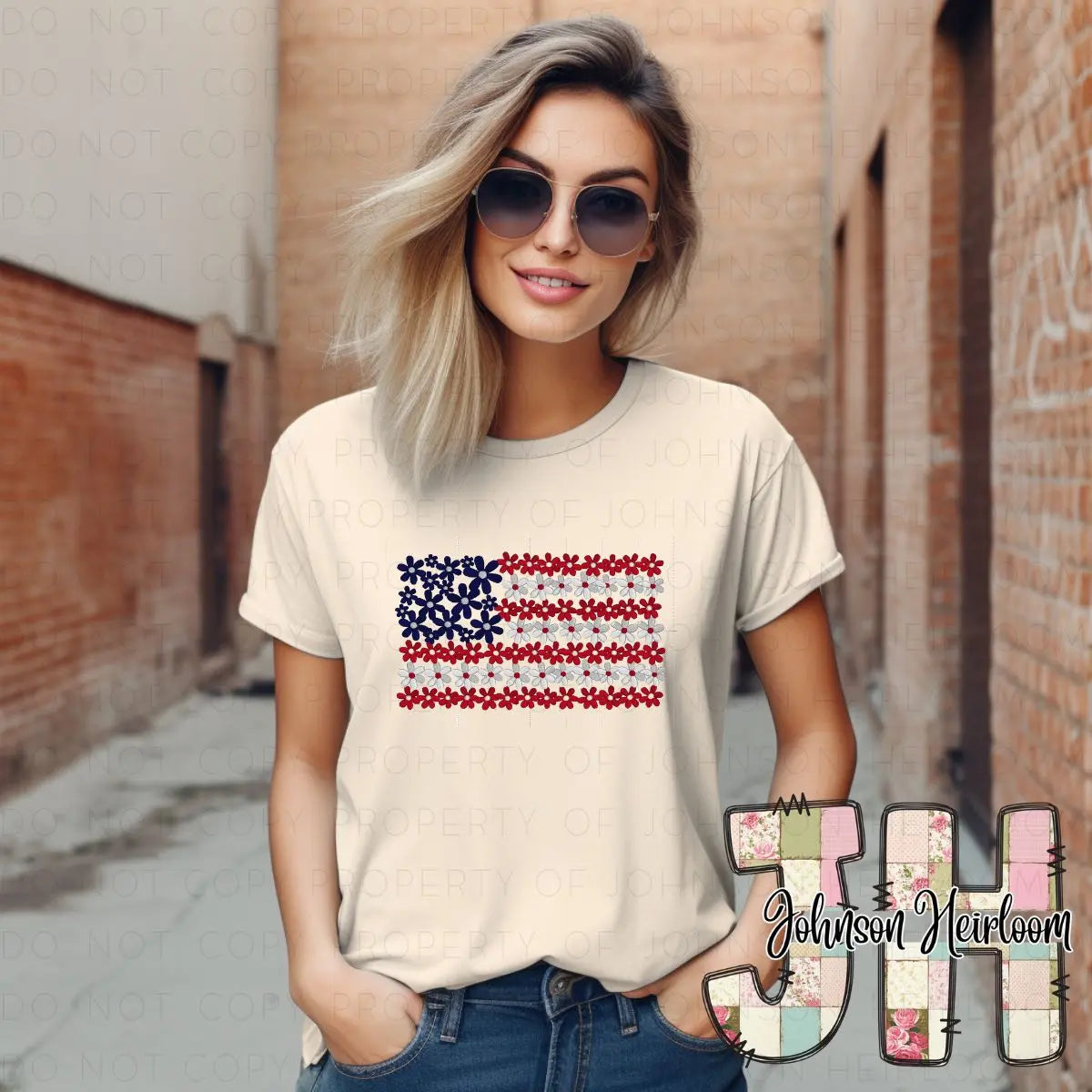 Floral American Flag embroidered T-Shirt/Crewneck Johnson Heirloom