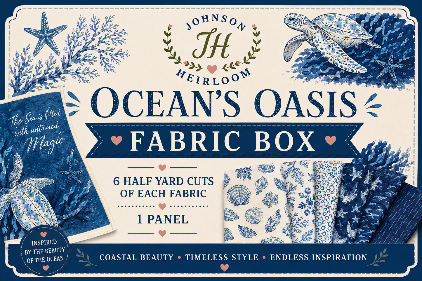 Ocean’s Oasis Fabric Box | Riley Blake Designs Ocean Oasis Collection | Quilting Fabric Bundle with Panel | Johnson Heirloom