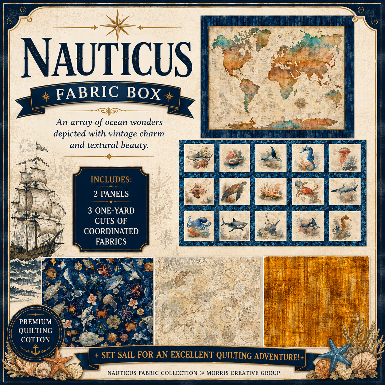 Nauticus Fabric Box | 2 Panels & 3 One-Yard Cuts | Morris Creative Group | Ocean & Nautical Quilt Fabric Bundle