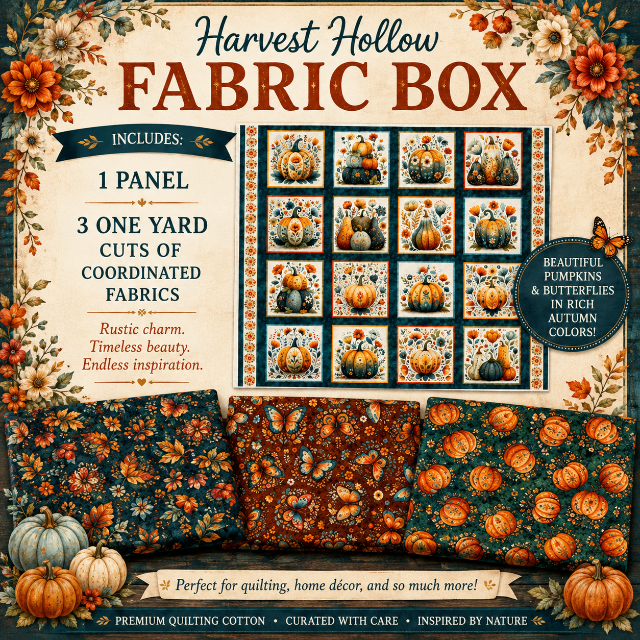 Harvest Hollow Fabric Box | 1 Panel & 3 One-Yard Cuts | QT Fabrics | Morris Creative Group