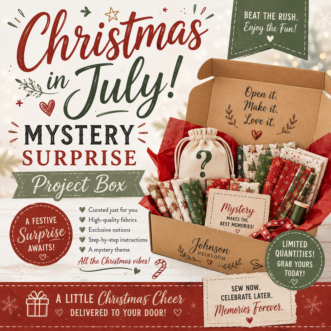 Christmas in July project Box | Mystery Quilting Fabric Bundle | Curated Surprise Fabric Box | Johnson Heirloom