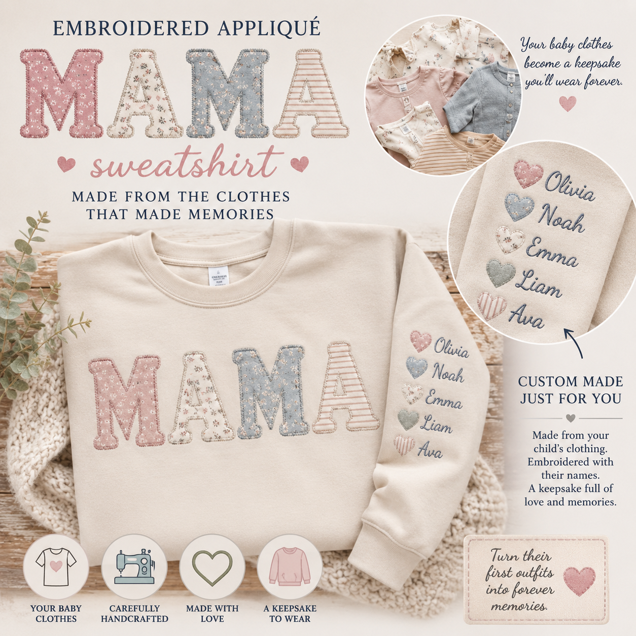 Embroidered Appliqué MAMA Sweatshirt Made from Baby Clothes