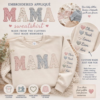 Embroidered Appliqué MAMA Sweatshirt Made from Baby Clothes