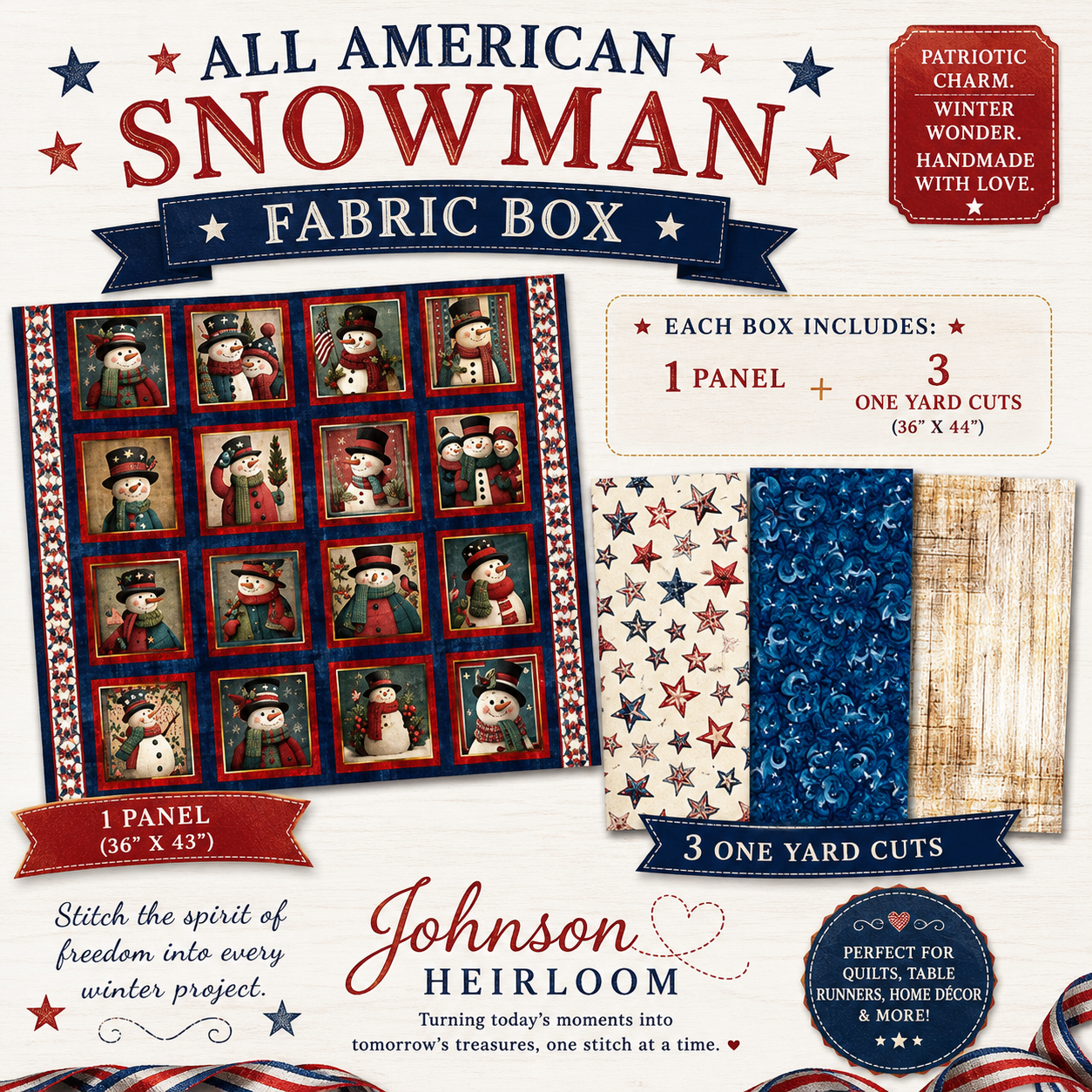 All American Snowman Fabric Box | 1 Panel & 3 One-Yard Cuts | QT Fabrics | Morris Creative Group