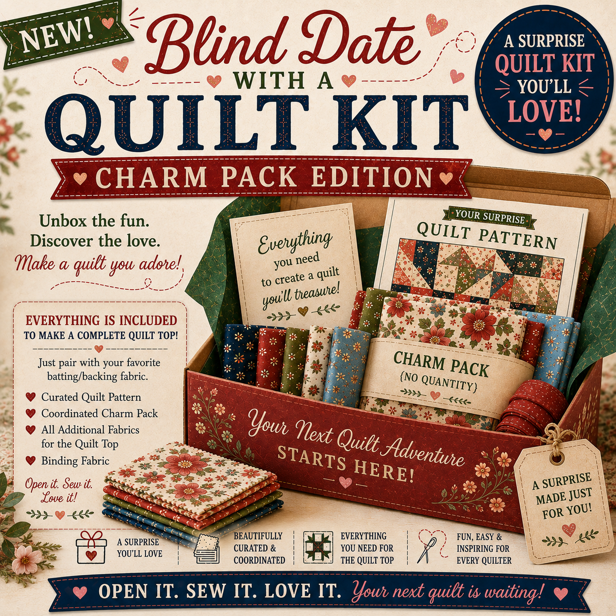 Blind Date with a Quilt Kit Charm Pack Edition | Complete Quilt Top Kit | Mystery Quilt Kit | Quilting Gift | Curated Fabric Kit