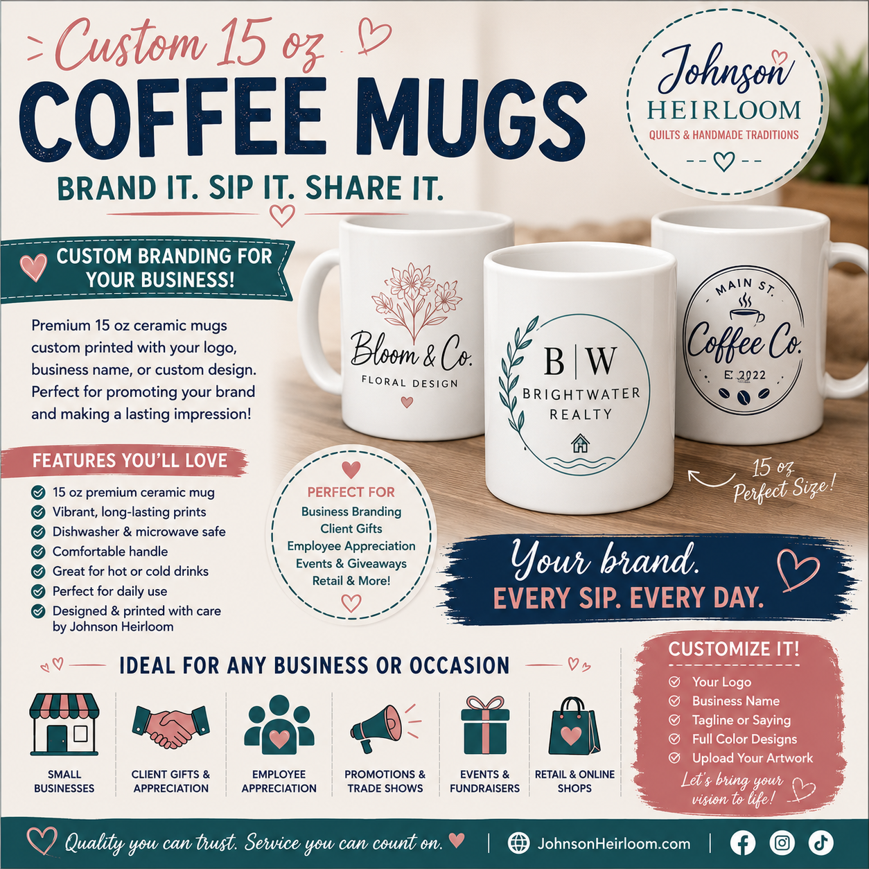 Custom 15 oz Coffee Mug | Personalized Business Logo Mug | Johnson Heirloom
