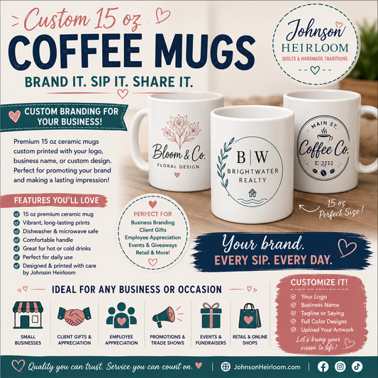 Custom 15 oz Coffee Mug | Personalized Business Logo Mug | Johnson Heirloom