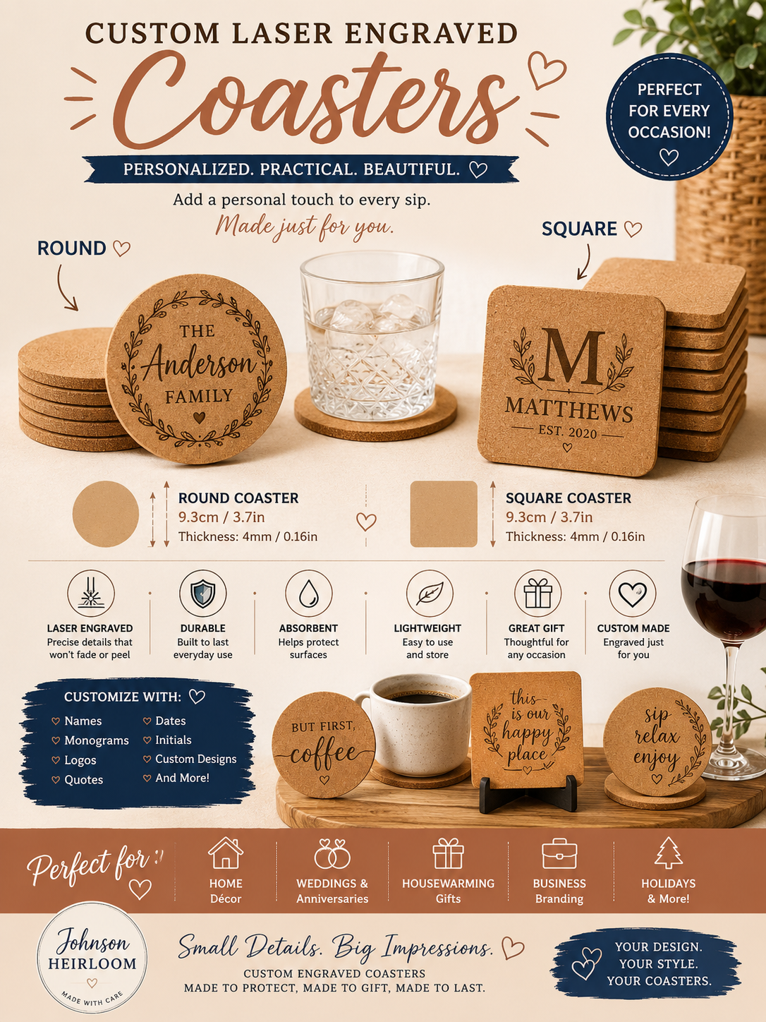 Custom Laser Engraved Cork Coasters | Personalized Round & Square Drink Coasters | Custom Name, Logo & Monogram | Johnson Heirloom
