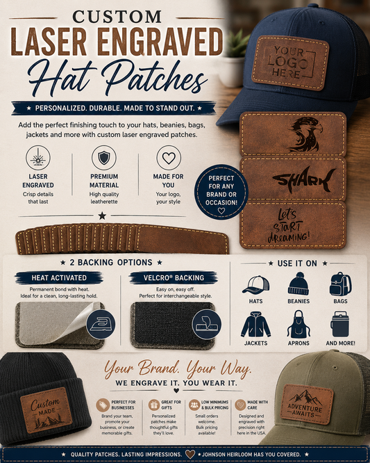 Custom Laser Engraved Hat Patch | Personalized Leatherette Patch | Heat Activated or Hook & Loop Backing