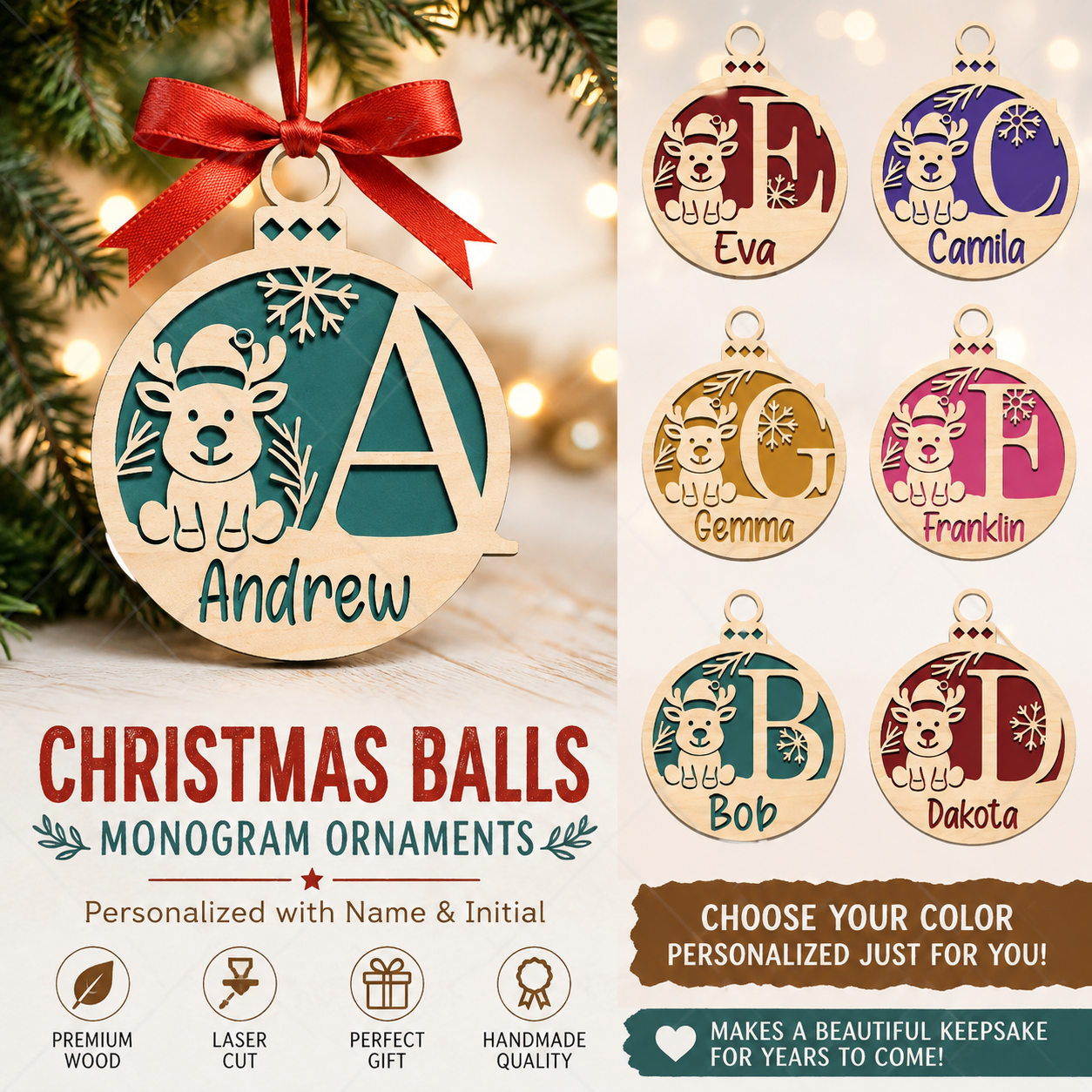 Personalized Wooden Christmas Monogram Ornament | Custom Name & Initial Reindeer Ornament