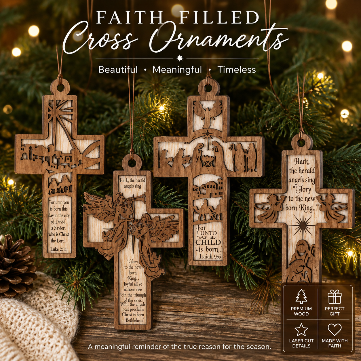 Faith-Filled Christmas Cross Ornament Collection – Set of 4