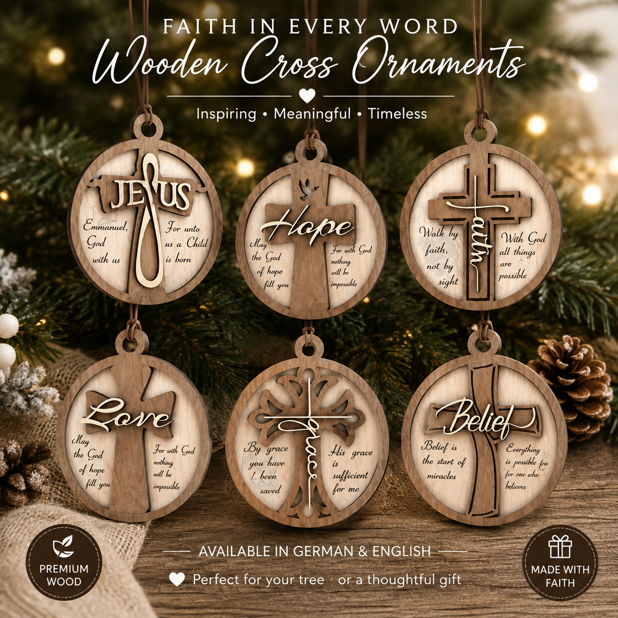 Faith in Every Word – Wooden Christian Christmas Ornaments