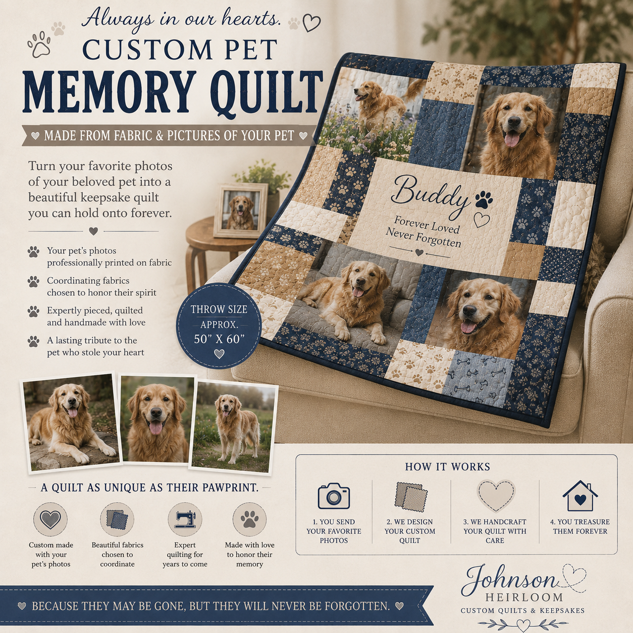 Custom Pet Memorial Quilt | Personalized Photo Memory Quilt
