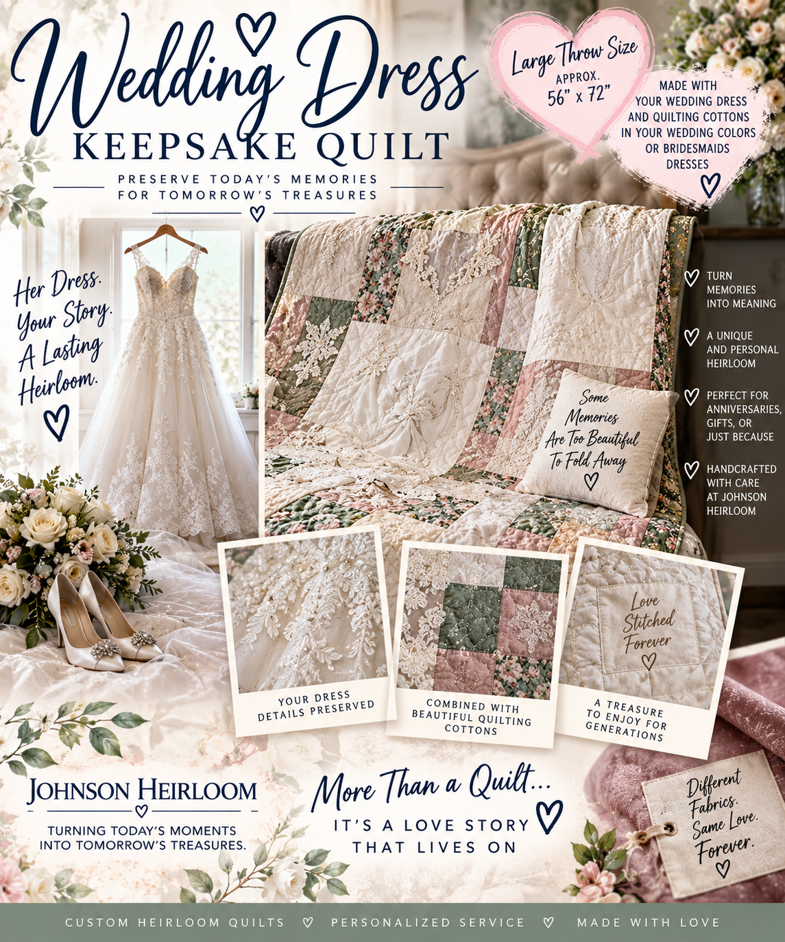 Wedding Dress Keepsake Quilt | Custom Bridal Memory Quilt | Large Throw