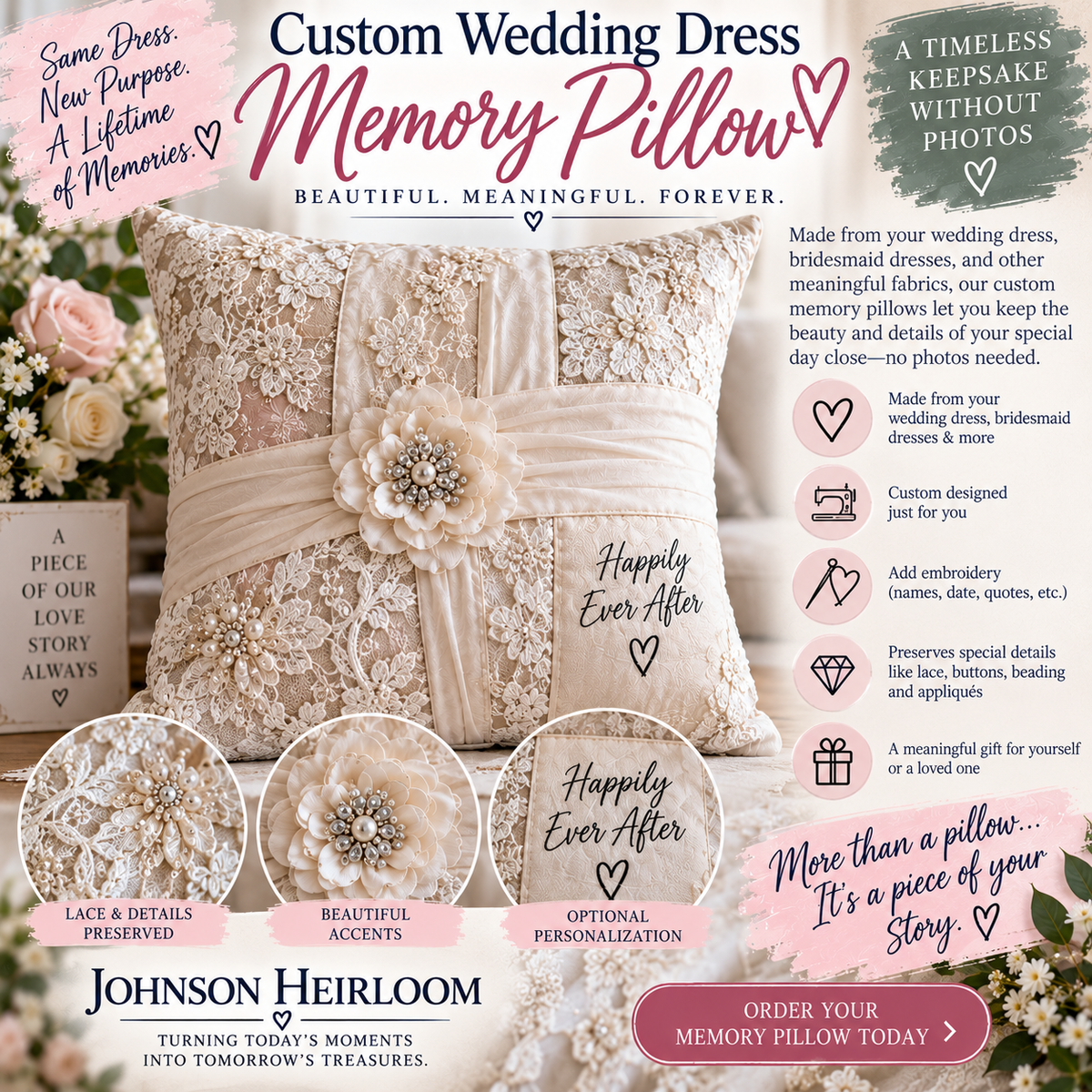 Custom Wedding Dress Memory Pillow