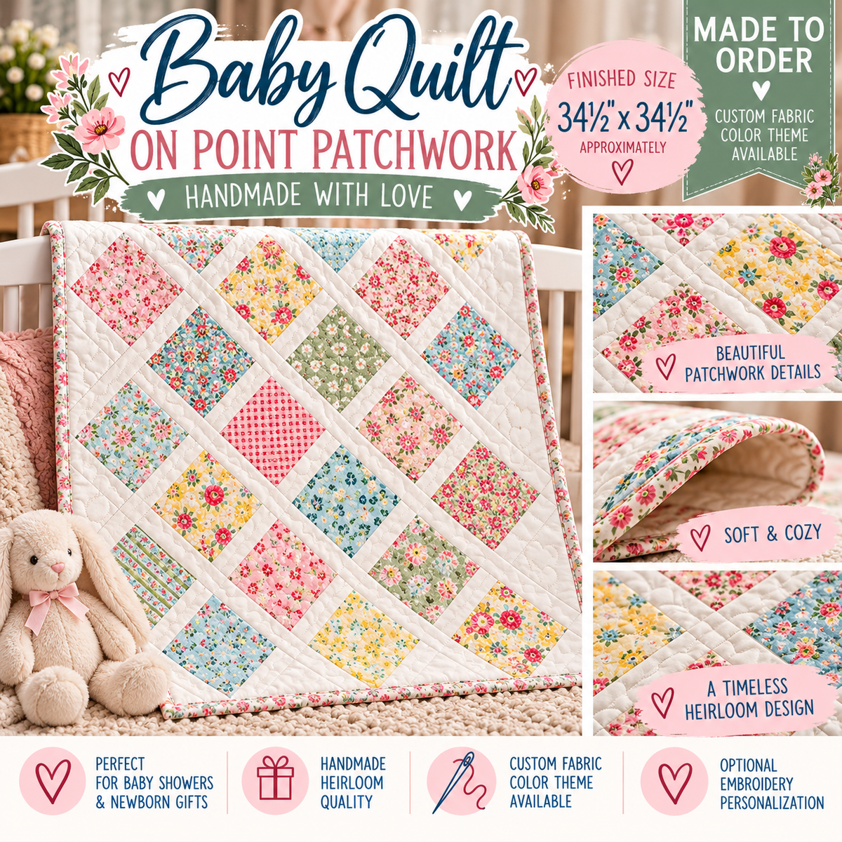 Handmade Baby Lattice Quilt | Personalized Heirloom Baby Quilt