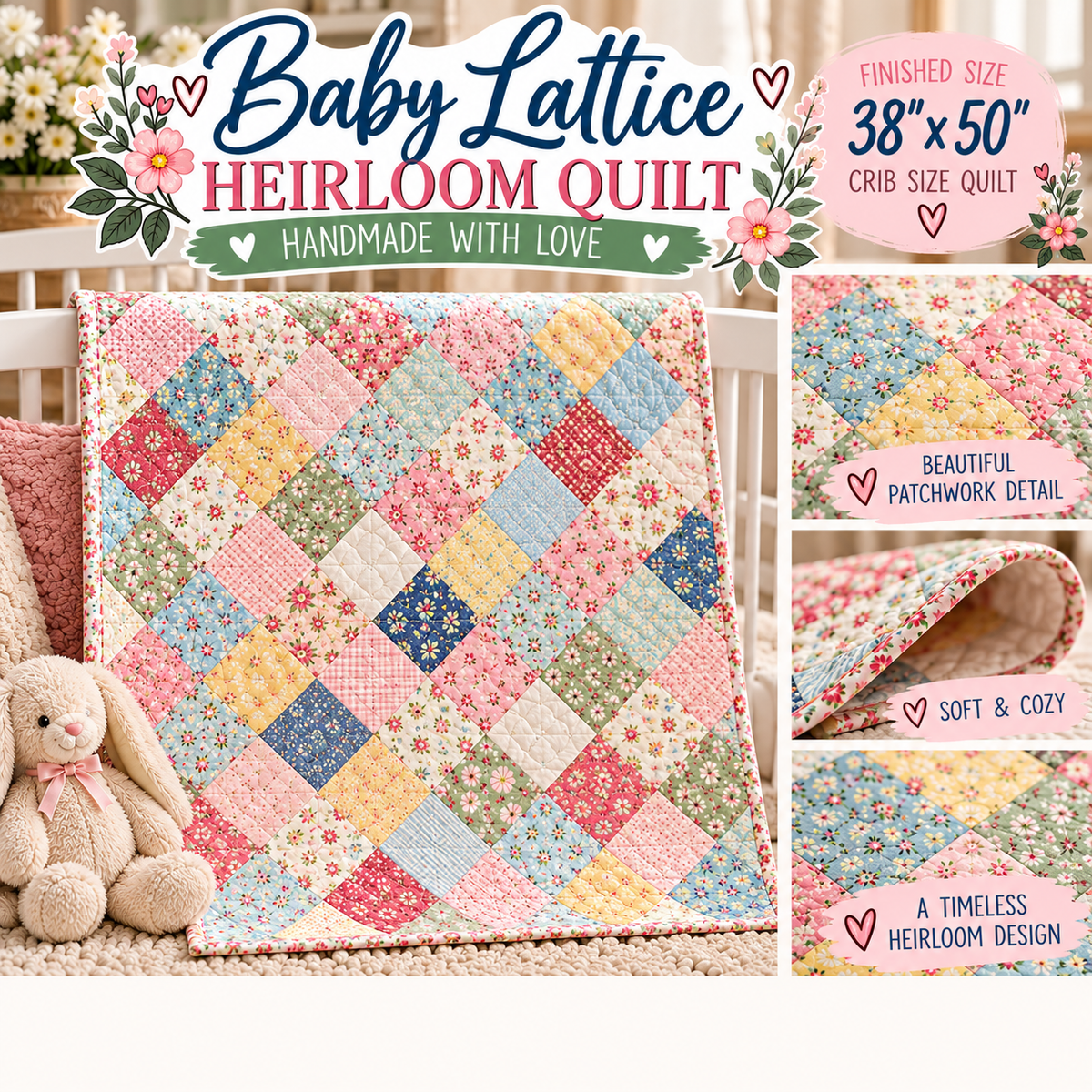 Handmade Patchwork on Point Baby Quilt | Personalized Crib Quilt
