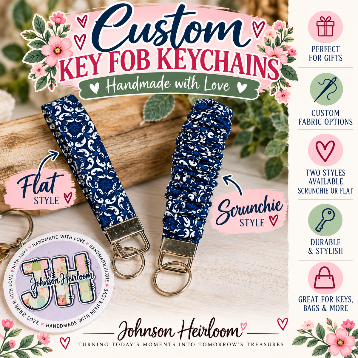 Handmade Fabric Key Fob Keychain | Custom Wristlet | Scrunchie or Flat Style