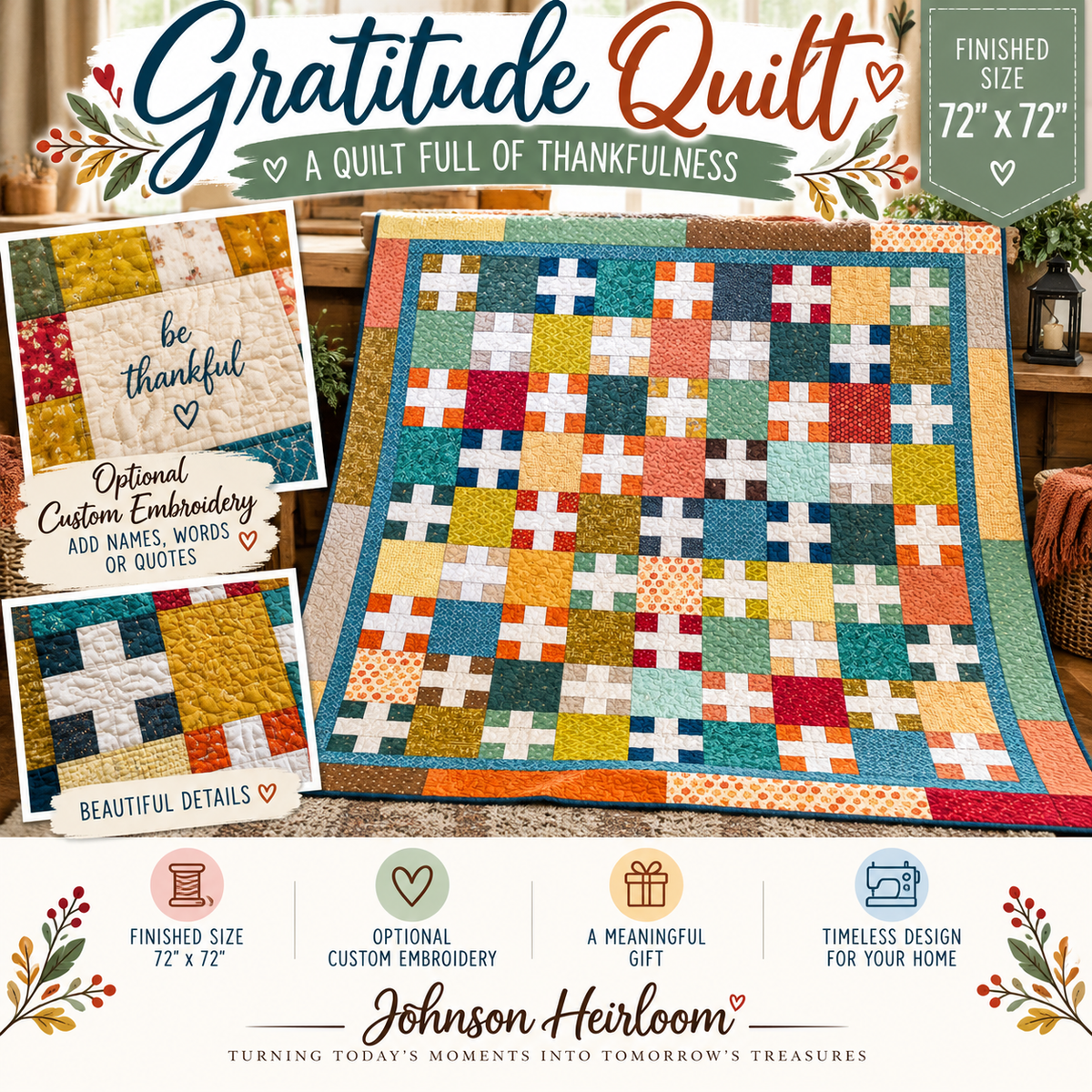 Gratitude Heirloom Quilt | Handmade 72" Patchwork Quilt