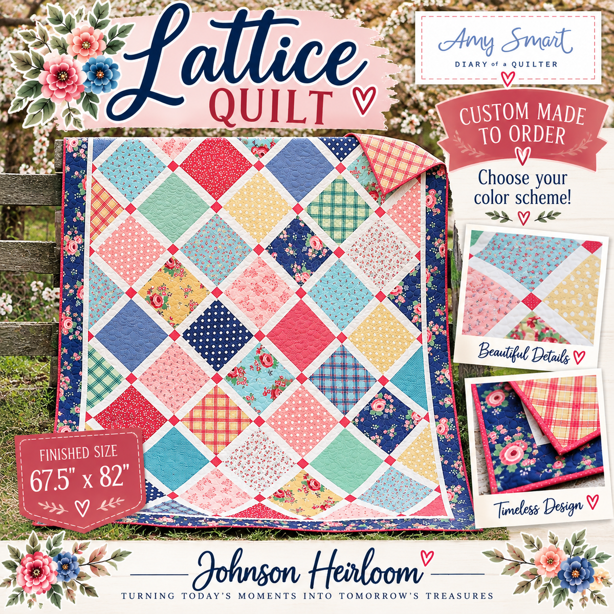 Handmade Lattice Quilt | Custom Heirloom Throw Quilt 67.5" × 82"
