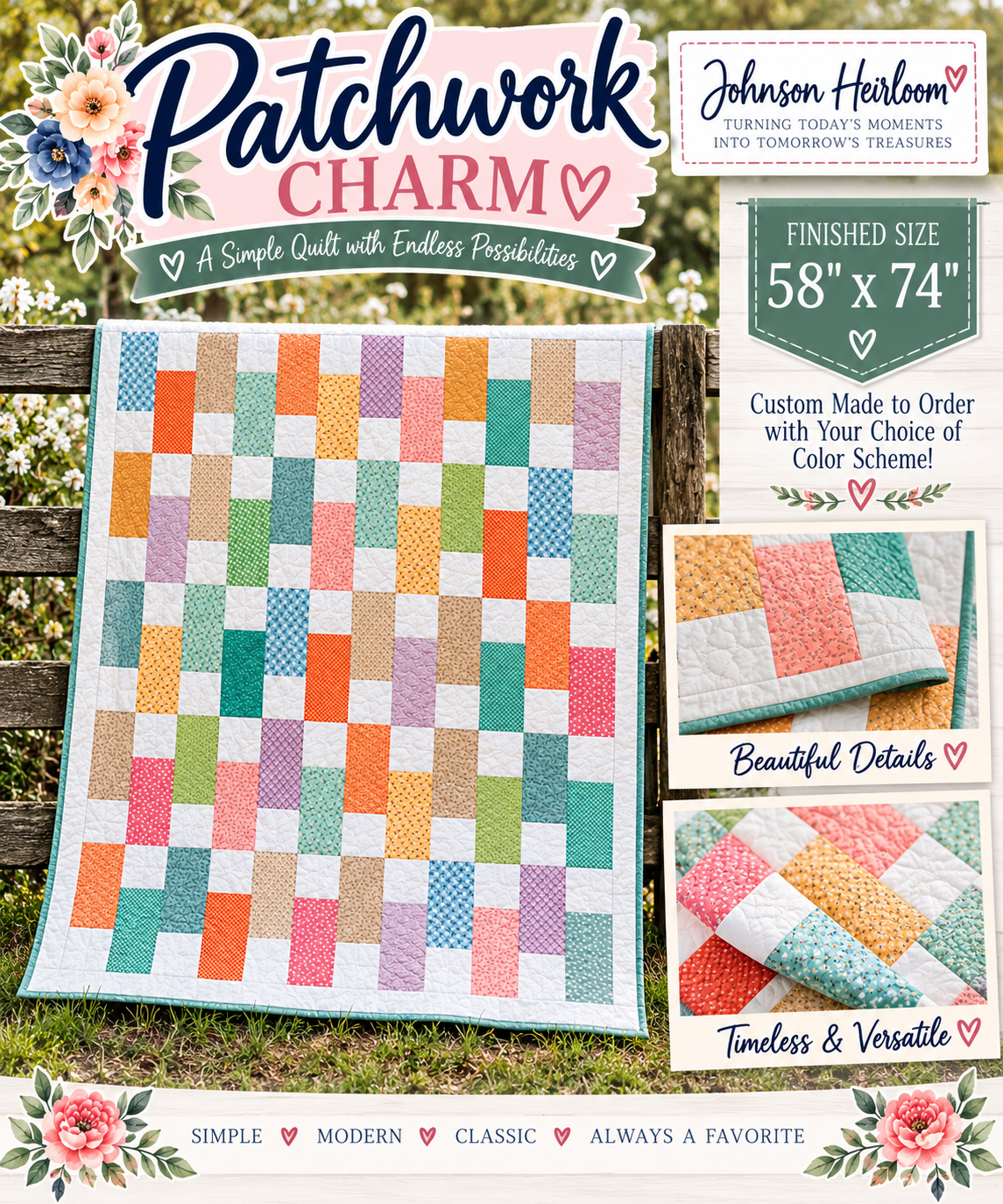 Patchwork Charm Quilt | Handmade Custom Throw Quilt 58" × 74"