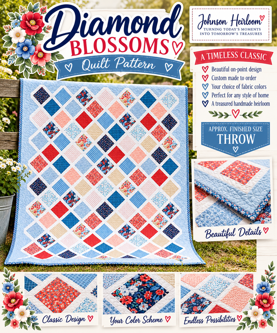 Diamond Blossoms Quilt | Handmade Custom Throw Quilt