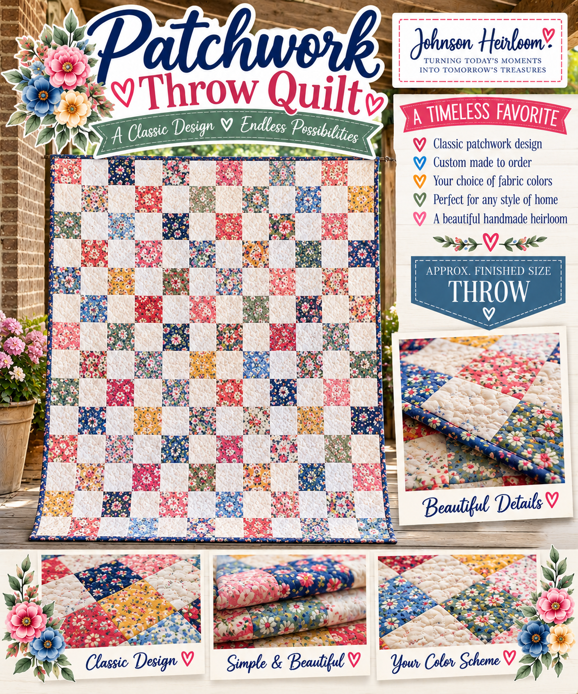 Patchwork Throw Heirloom Quilt | Handmade Floral Checkerboard Quilt | Custom Made to Order by